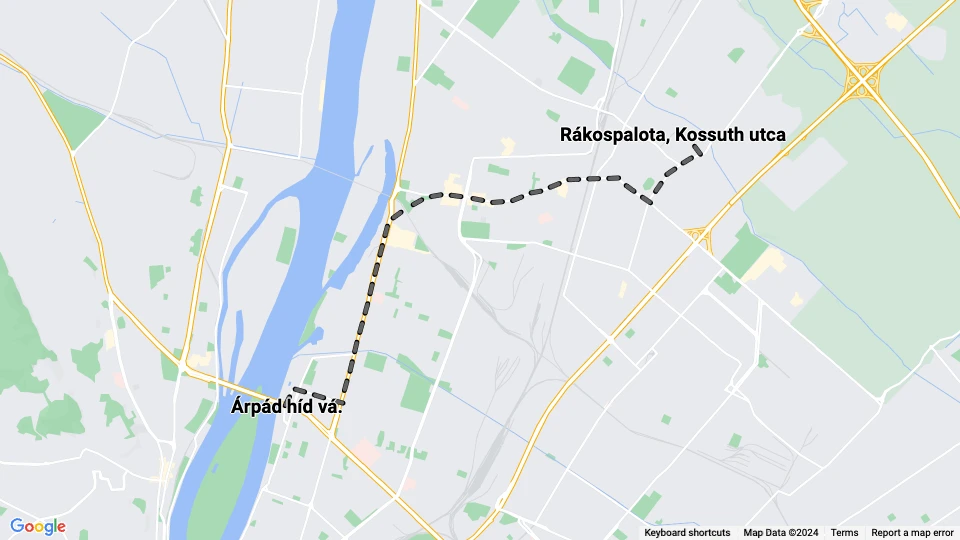 Budapest tram line 55: Árpád híd vá. - Rákospalota, Kossuth utca route map