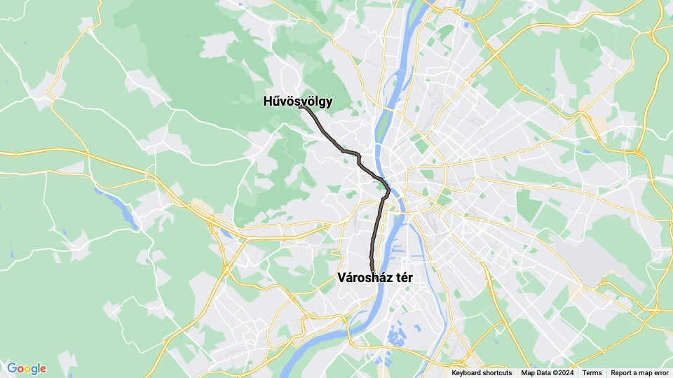 Budapest tram line 56: Városház tér - Hűvösvölgy route map