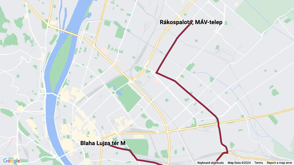 Budapest tram line 62: Rákospalota, MÁV-telep - Blaha Lujza tér M route map