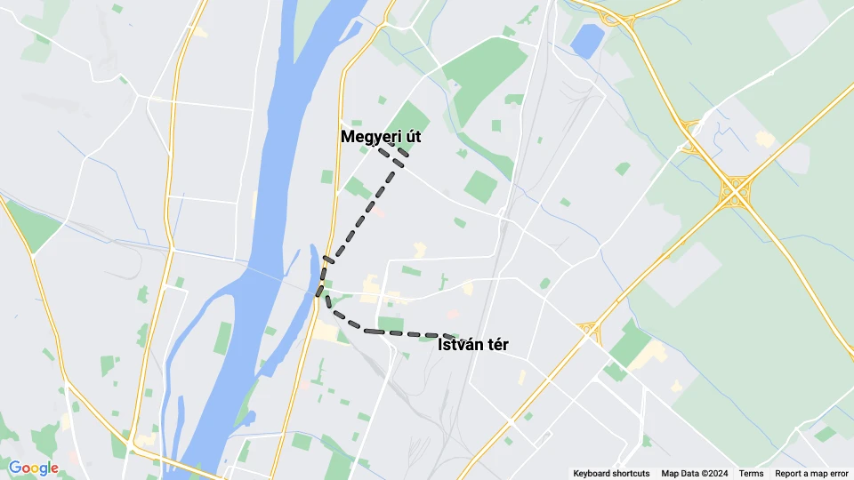 Budapest tram line 8: István tér - Megyeri út route map