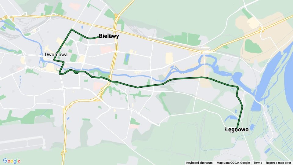 Bydgoszcz tram line 6: Bielawy - Łęgnowo route map