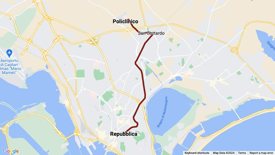 Cagliari tram line 1: Repubblica - Policlinico route map