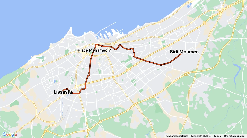Casablanca tram line T1: Sidi Moumen - Lissasfa route map
