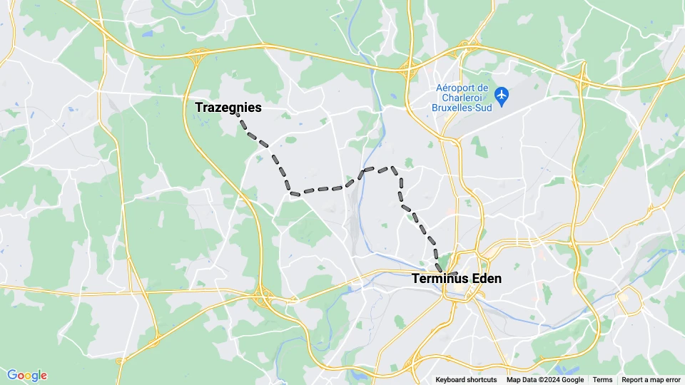 Charleroi tram line 41: Trazegnies - Terminus Eden route map