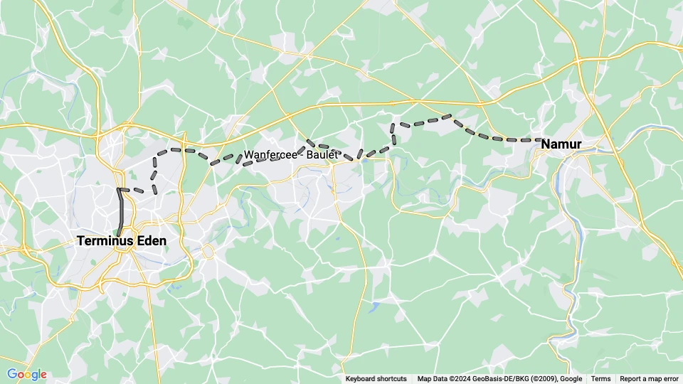 Charleroi tram line 67: Terminus Eden - Namur route map