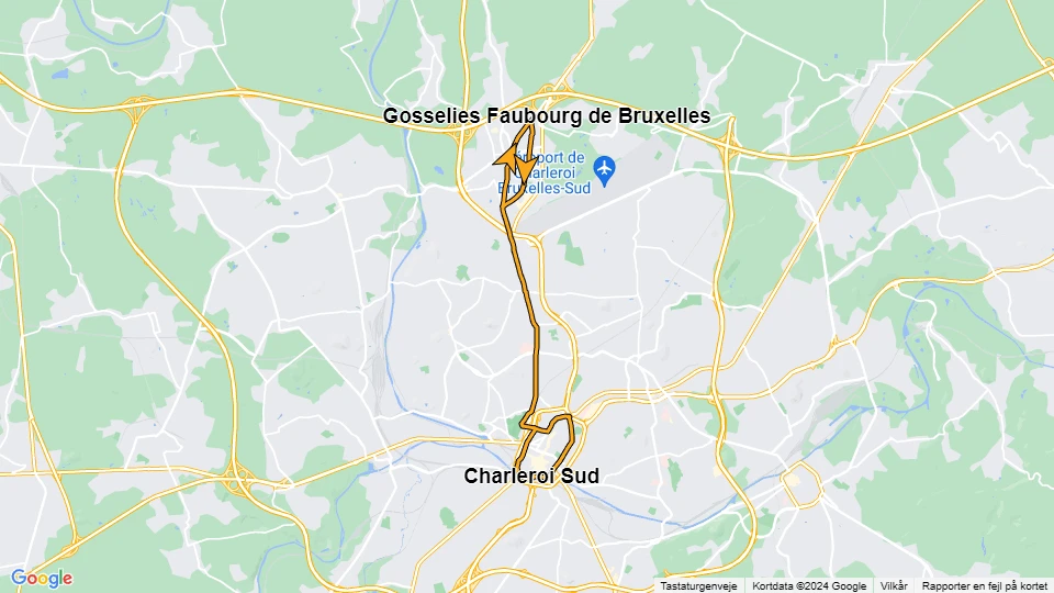 Charleroi tram line M3: Charleroi Sud - Gosselies Faubourg de Bruxelles route map