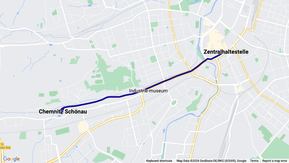 Chemnitz tram line 1: Zentralhaltestelle - Chemnitz Schönau route map