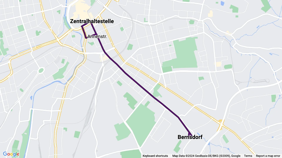 Chemnitz tram line 2: Zentralhaltestelle - Bernsdorf route map