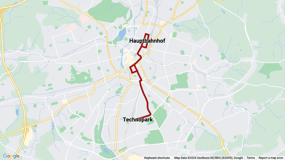 Chemnitz tram line 3: Hauptbahnhof - Technopark route map