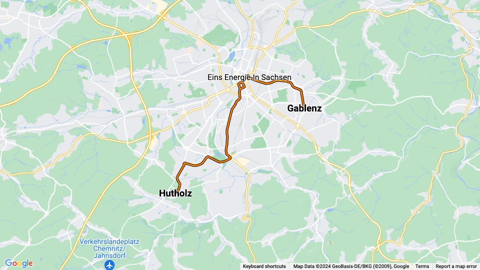 Chemnitz tram line 5: Hutholz - Gablenz route map