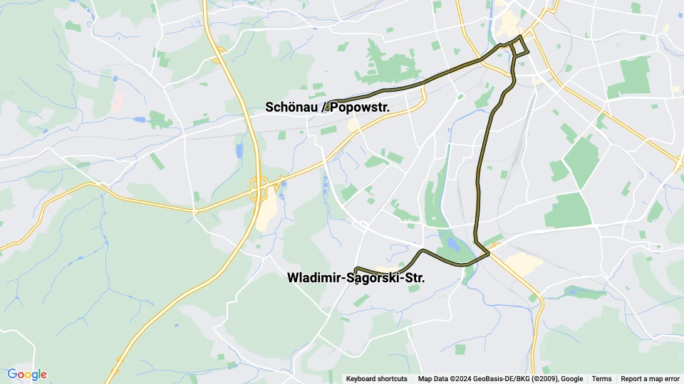 Chemnitz tram line 8: Wladimir-Sagorski-Str. - Schönau / Popowstr. route map