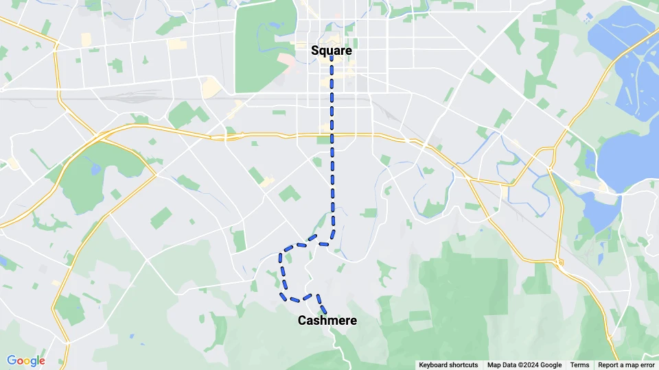 Christchurch tram line 2: Cashmere - Square route map