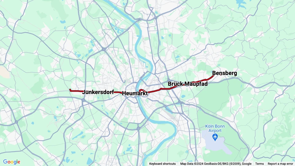 Cologne tram line 1: Weiden West - Bensberg route map