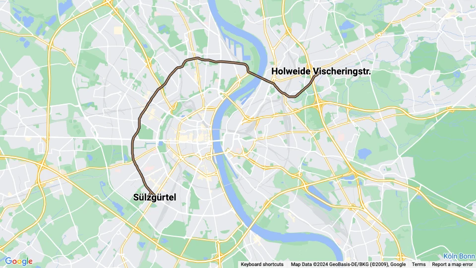 Cologne tram line 13: Sülzgürtel - Holweide Vischeringstr. route map