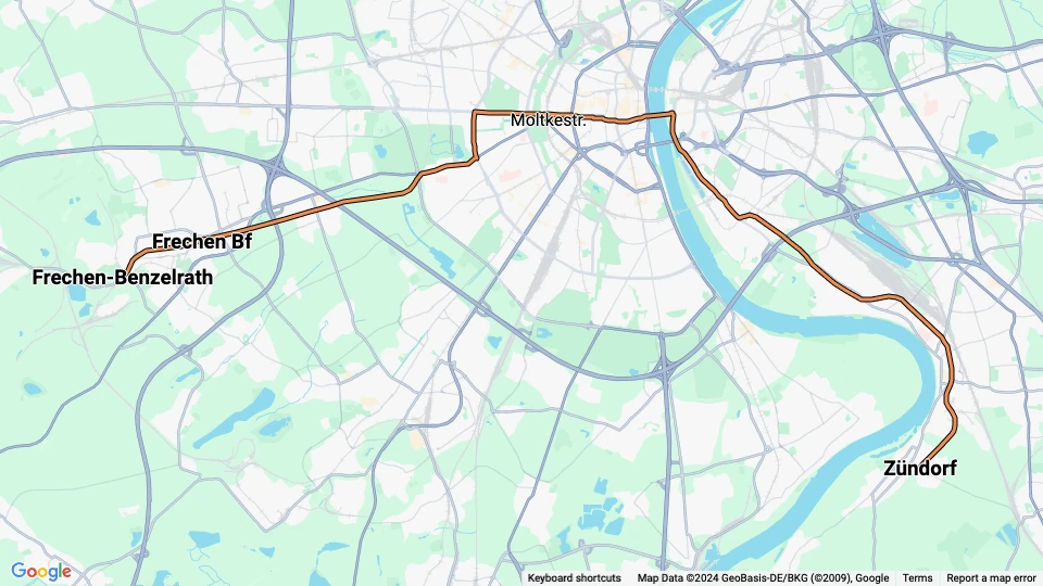 Cologne tram line 7: Frechen-Benzelrath - Zündorf route map
