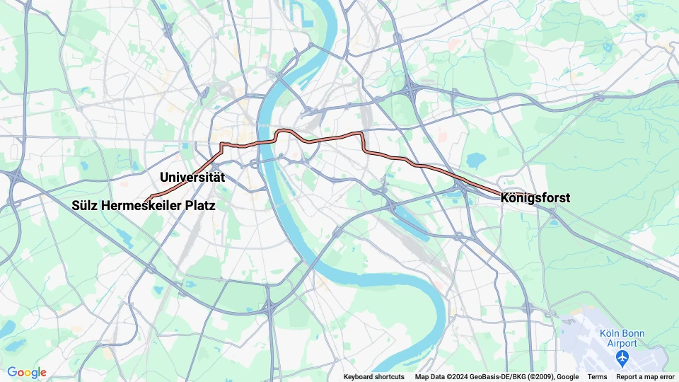 Cologne tram line 9: Sülz Hermeskeiler Platz - Königsforst route map
