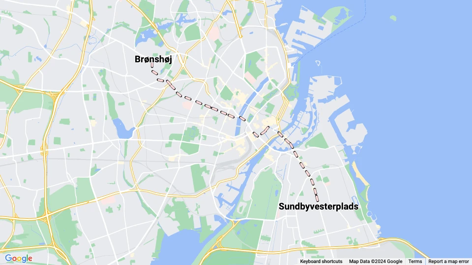 Copenhagen night line B: Brønshøj - Sundbyvesterplads route map