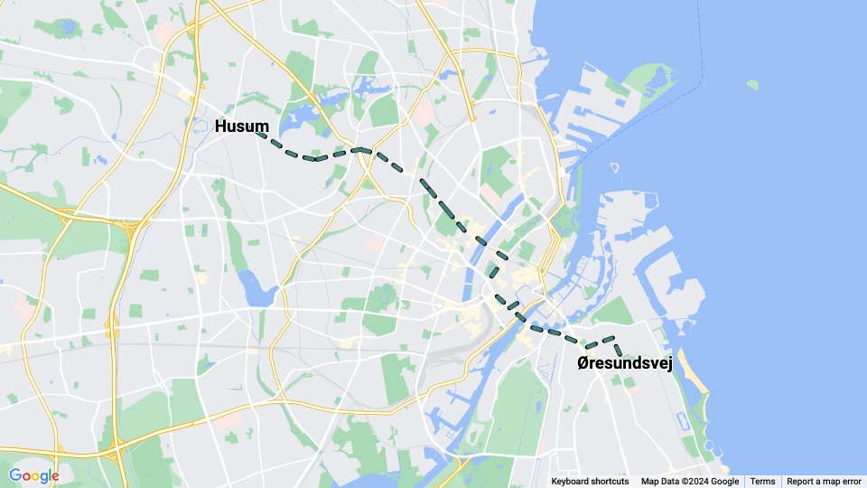 Copenhagen night line E: Husum - Øresundsvej route map