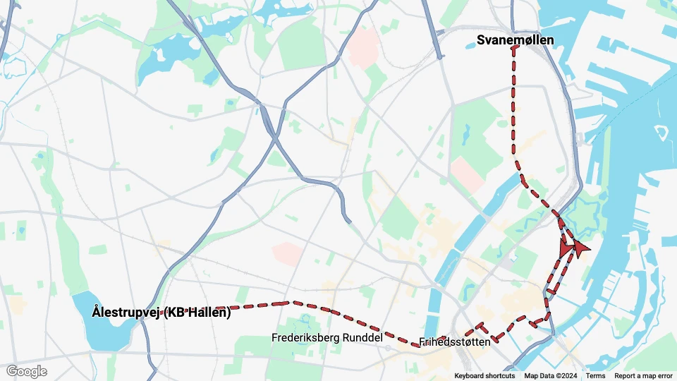 Copenhagen tram line 1: Svanemøllen - Ålestrupvej (KB Hallen) route map