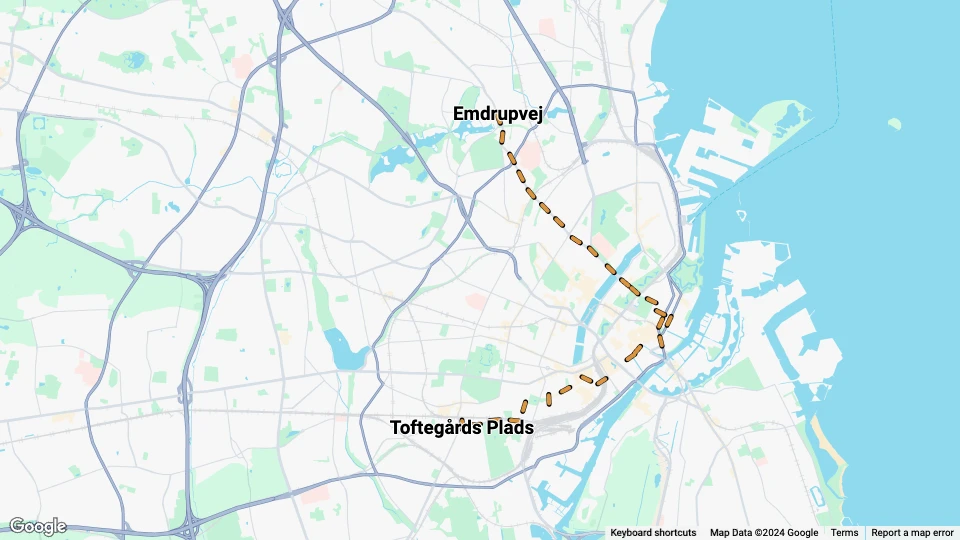 Copenhagen tram line 10: Emdrupvej - Toftegårds Plads route map