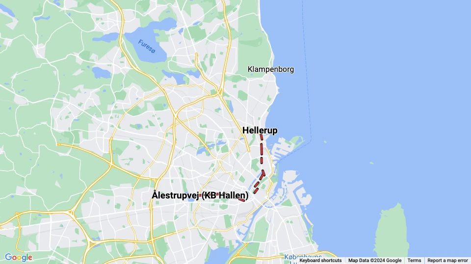 Copenhagen tram line 14: Ålestrupvej (KB Hallen) - Hellerup route map