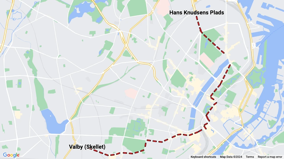 Copenhagen tram line 15: Hans Knudsens Plads - Valby (Skellet) route map
