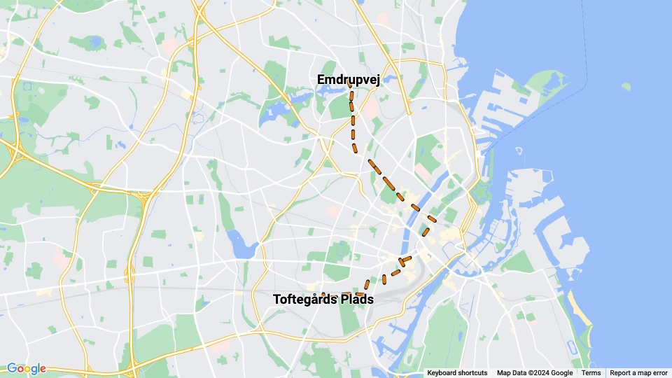 Copenhagen tram line 16: Toftegårds Plads - Emdrupvej route map