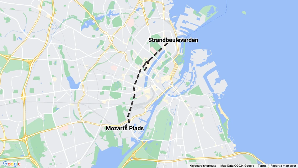 Copenhagen tram line 3: Mozarts Plads - Strandboulevarden route map