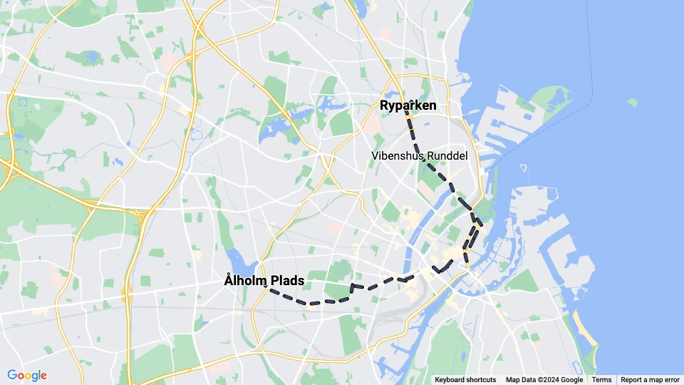 Copenhagen tram line 6: Ålholm Plads - Ryparken route map