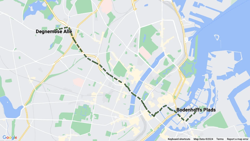 Copenhagen tram line 8: Degnemose Allé - Bodenhoffs Plads route map