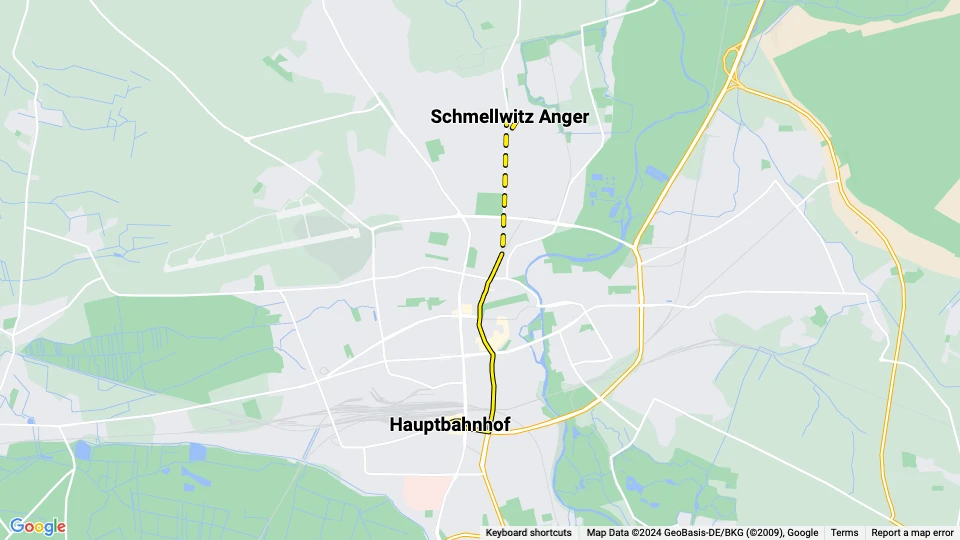 Cottbus tram line 1: Schmellwitz Anger - Hauptbahnhof route map