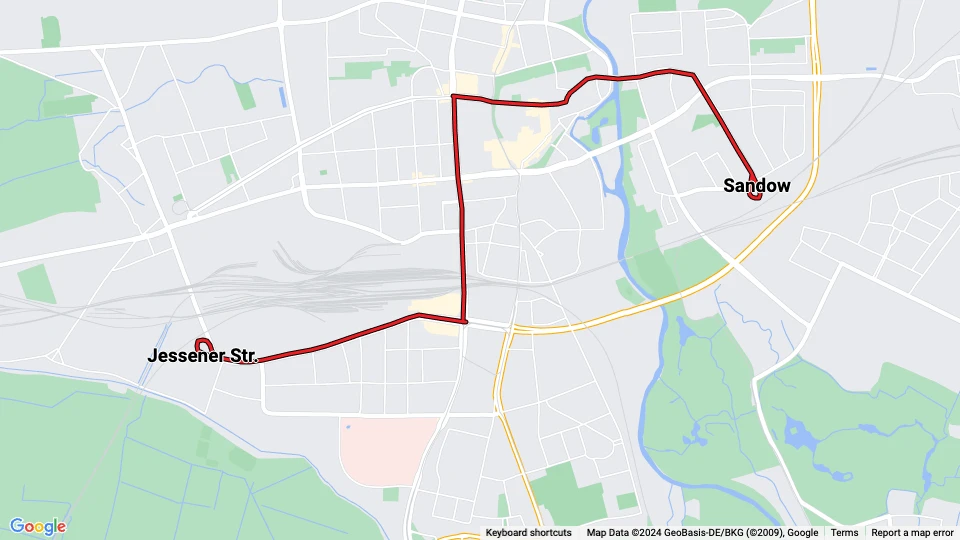 Cottbus tram line 2: Sandow - Jessener Str. route map