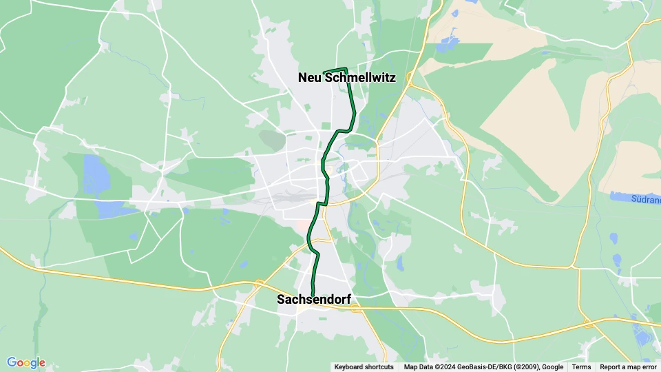 Cottbus tram line 4: Betriebshof Schmellwitz - Sachsendorf route map