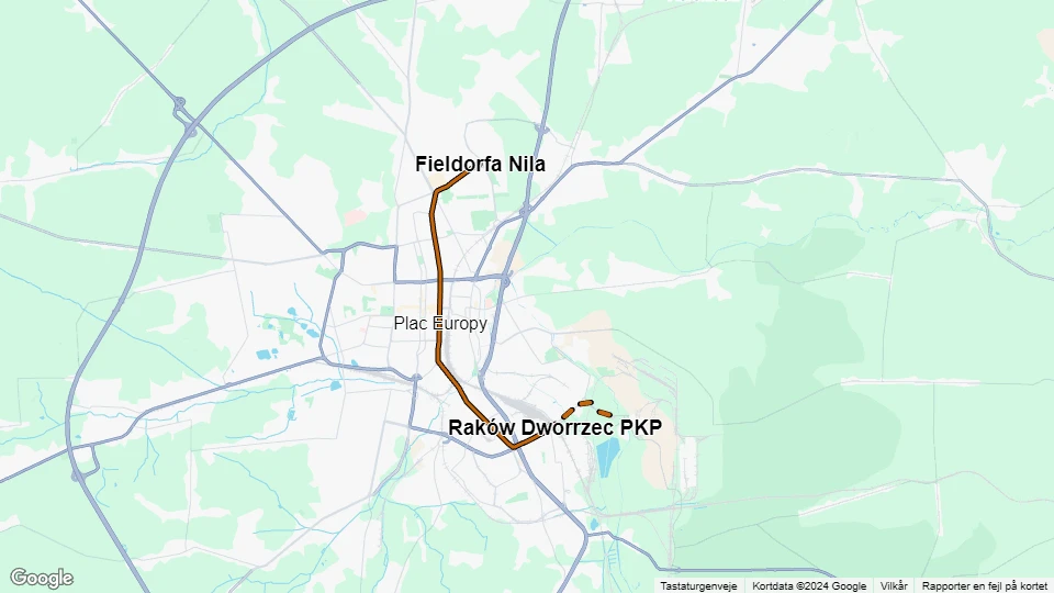 Częstochowa tram line 1: Fieldorfa Nila - Kucelin Szpital route map