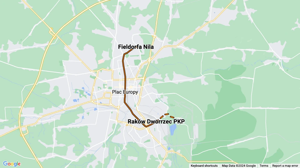 Częstochowa tram line 1 route map