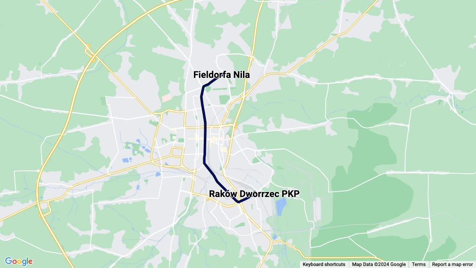 Częstochowa tram line 2: Fieldorfa Nila - Raków Dworrzec PKP route map