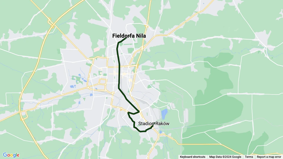 Częstochowa tram line 3: Fieldorfa Nila - Stadion Raków route map