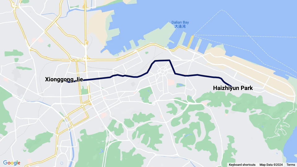 Dalian tram line 201: Haizhiyun Park - Xionggong Jie route map