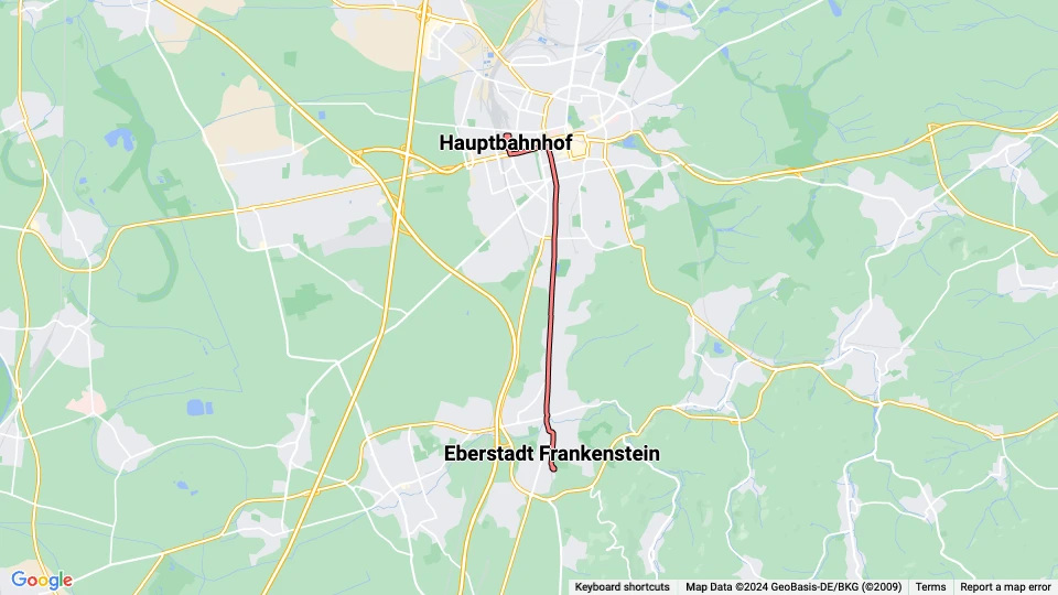 Darmstadt extra line 1: Eberstadt Frankenstein - Hauptbahnhof route map