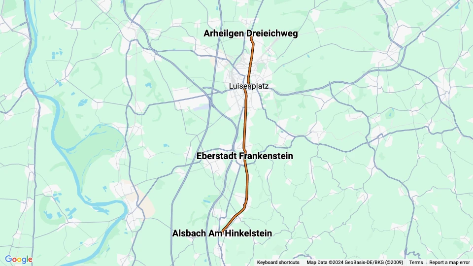 Darmstadt fast line 6: Alsbach Am Hinkelstein - Arheilgen Dreieichweg route map