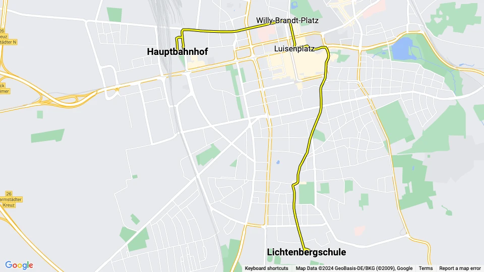 Darmstadt tram line 3: Hauptbahnhof - Lichtenbergschule route map