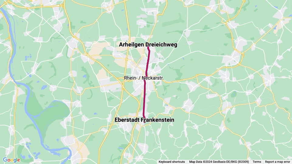 Darmstadt tram line 7: Arheilgen Dreieichweg - Eberstadt Frankenstein route map