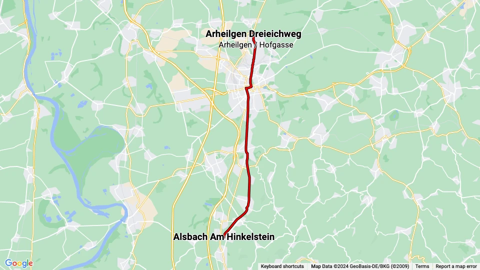 Darmstadt tram line 8: Arheilgen Dreieichweg - Alsbach Am Hinkelstein route map