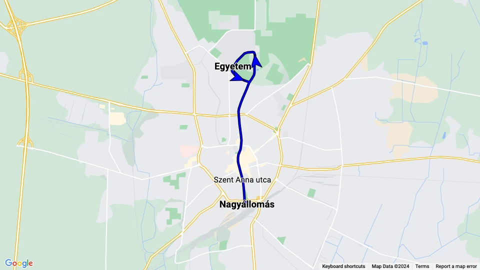 Debrecen tram line 1: Nagyállomás - Egyetem route map