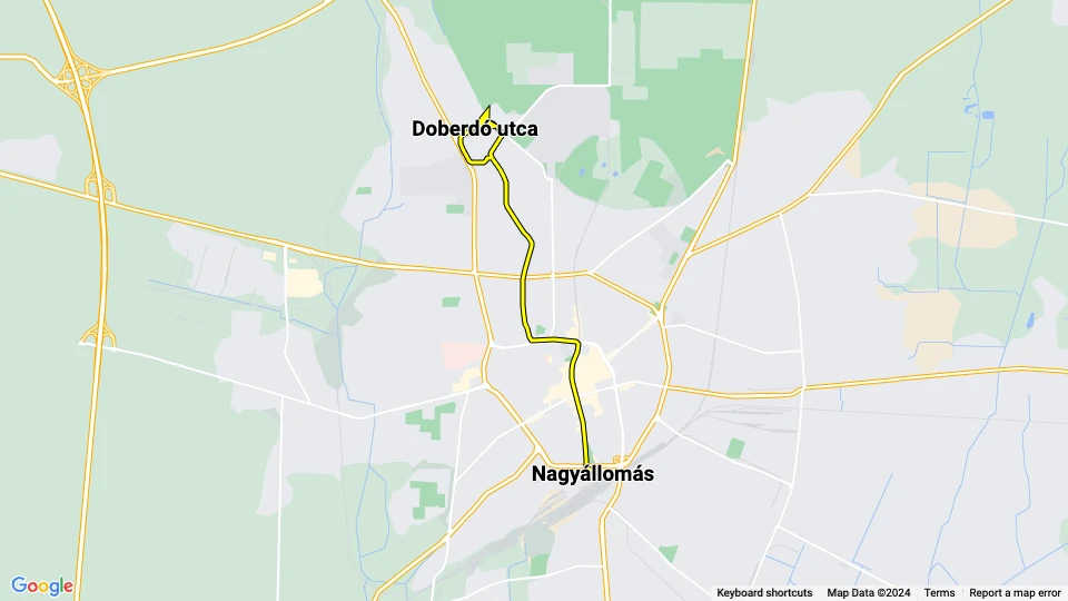 Debrecen tram line 2: Nagyállomás - Doberdó utca route map