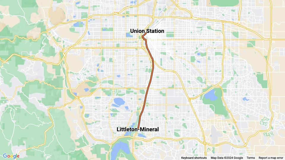 Denver tram line C: Union Station - Littleton-Mineral route map