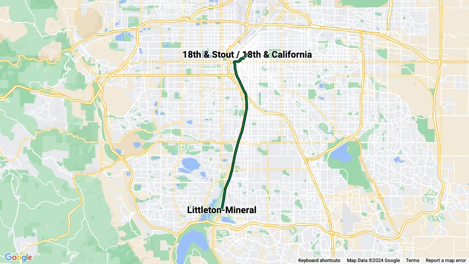 Denver tram line D: Littleton-Mineral - 18th & Stout / 18th & California route map