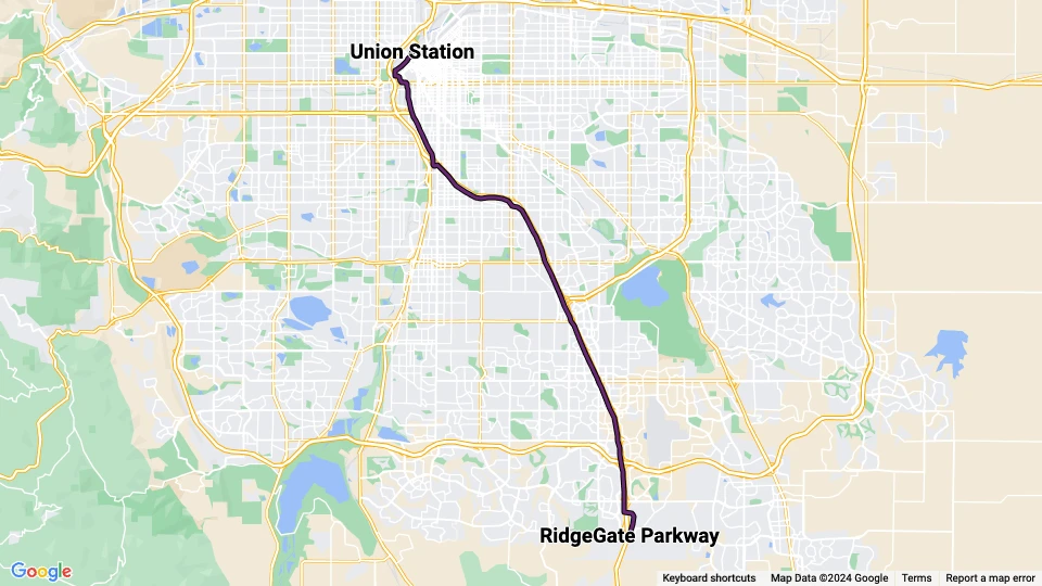 Denver tram line E: Union Station - RidgeGate Parkway route map