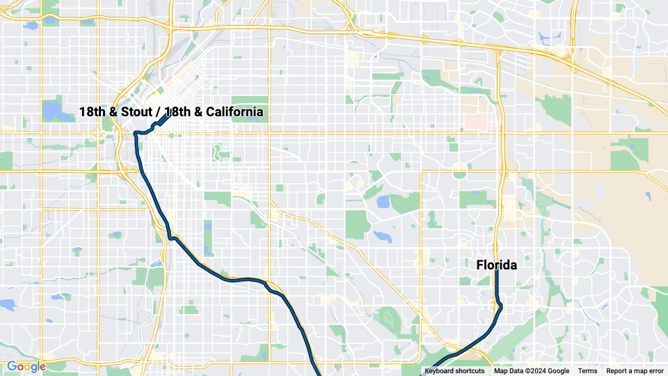 Denver tram line H: 18th & Stout / 18th & California - Florida route map
