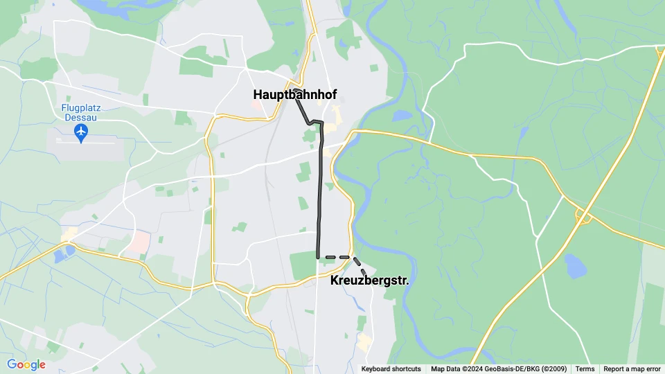 Dessau tram line 2: Hauptbahnhof - Kreuzbergstr. route map